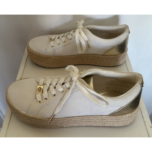 Michael Kors Canvas Espadrille Platform Sneakers Gold Ivory Lace Up 8.5M - Picture 2 of 6